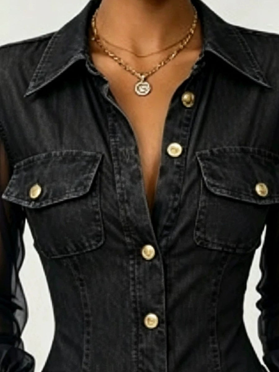 Red button-up shirt with hip-length and button-front