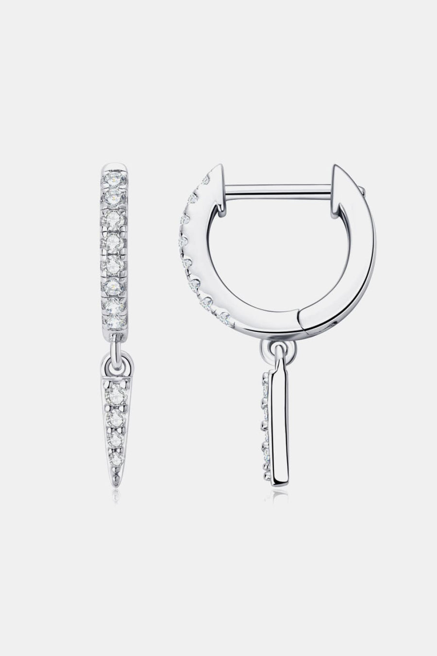 Silver pavé spike huggie earrings with dangling spike charms.