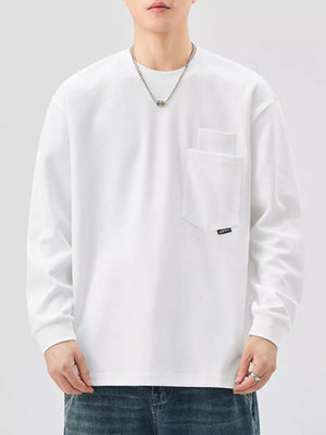 White long-sleeve sweatshirt with chest pocket and crew neck.