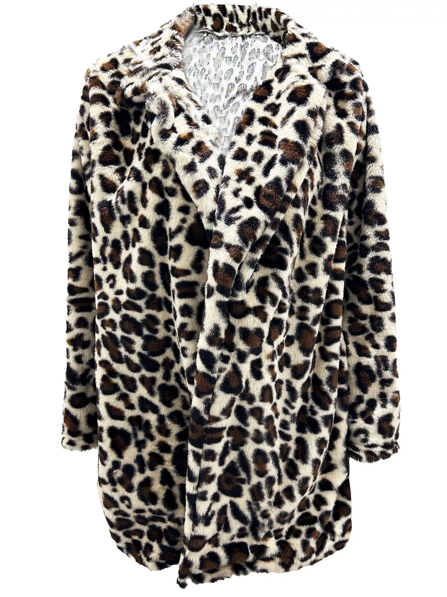 dark brown faux fur coat featuring pocketed and leopard