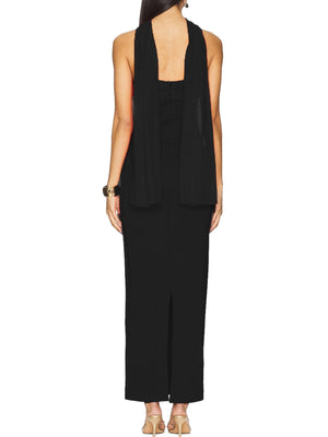 Black ruched strapless maxi dress with a sheer overlay and back slit.