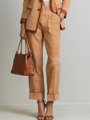Multicolor suit set with hip-length blazer, full-length pants and button-front