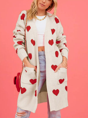 Red cardigan with thigh-length and open-front