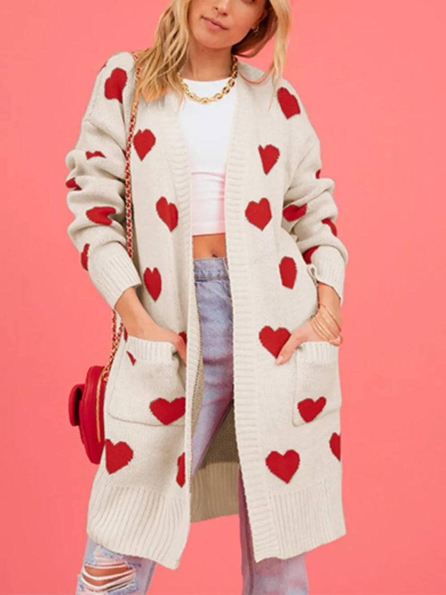 Red cardigan with thigh-length and open-front