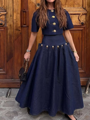 50%cotton, 50%spandex Care instructions: Machine wash cold skirt set in Dark Blue with A-line silhouette