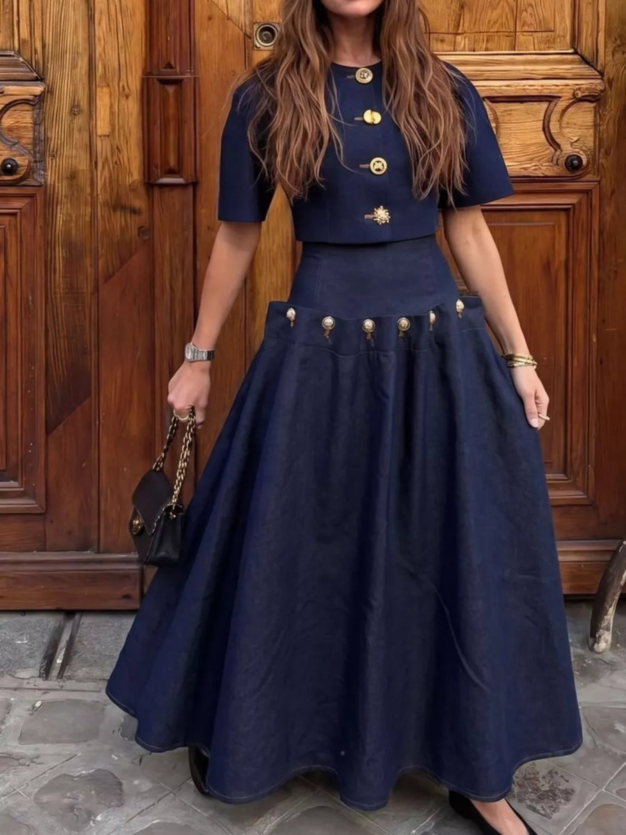 50%cotton, 50%spandex Care instructions: Machine wash cold skirt set in Dark Blue with A-line silhouette