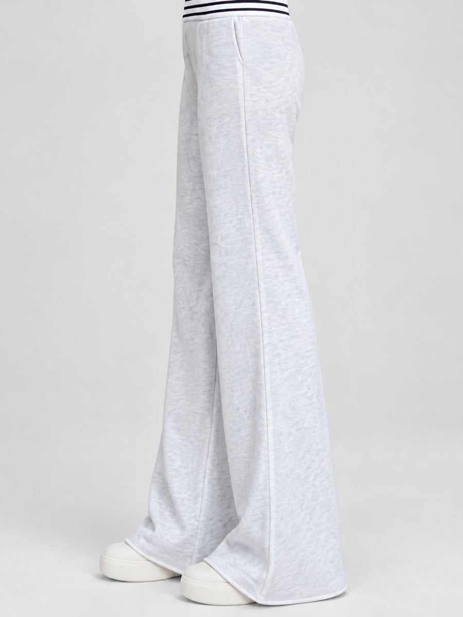 High-Waisted Wide-Leg Flare Pants in White Gray-Fleece-lined Tall with drawstring waist