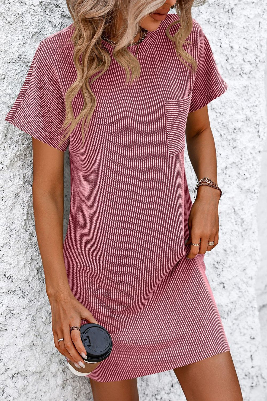 Deep Rose ribbed tee dress with patch pocket and vertical stripes.