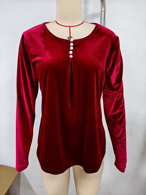 Velvet Long Sleeve Ruched Top in Burgundy with decorative button