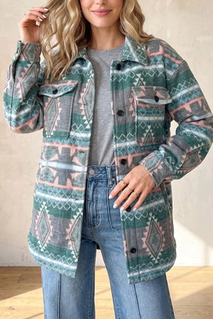 Sage shacket with tunic-length and button-front