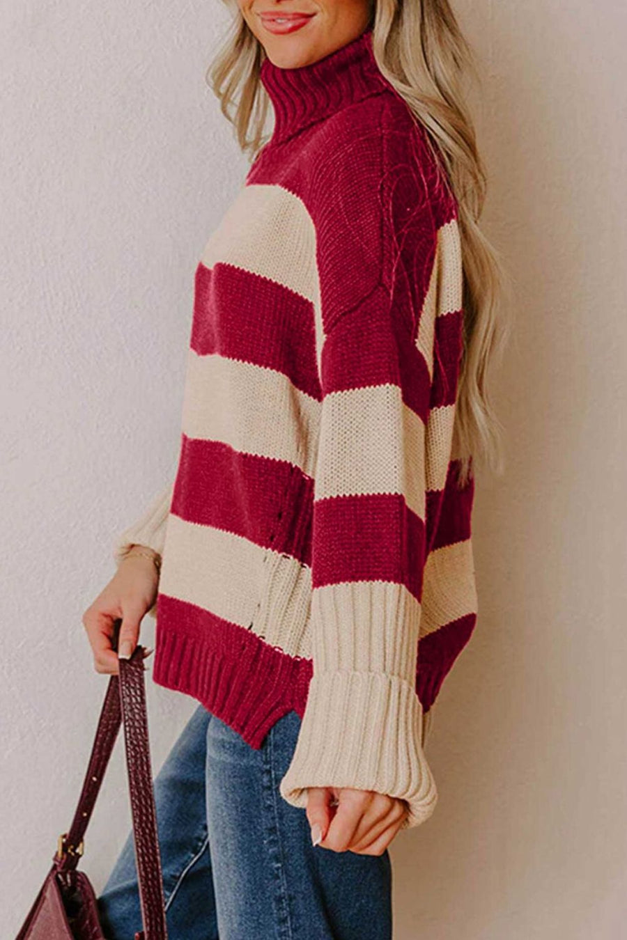 55% acrylic, 45% cotton Care instructions: Machine wash cold pullover sweater in Burgundy with relaxed silhouette