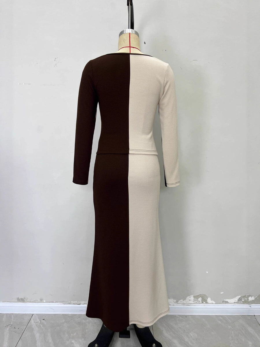chocolate brown skirt set with long sleeve and long sleeve