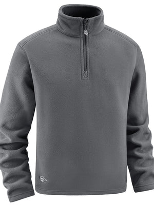 Plus-size dark gray quarter zip fleece sweatshirt with a stand-up collar and zipper.