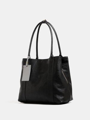 Boxy PU Leather Tote Bag in black with shoulder straps