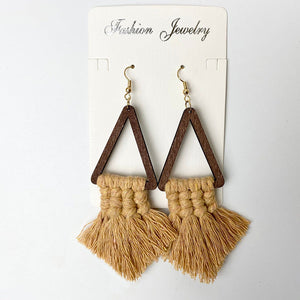 Macrame triangle tassel earrings with wooden frames in camel color.
