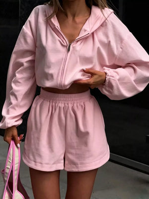 Long Sleeve Zip-up Hoodie And Shorts Set in White