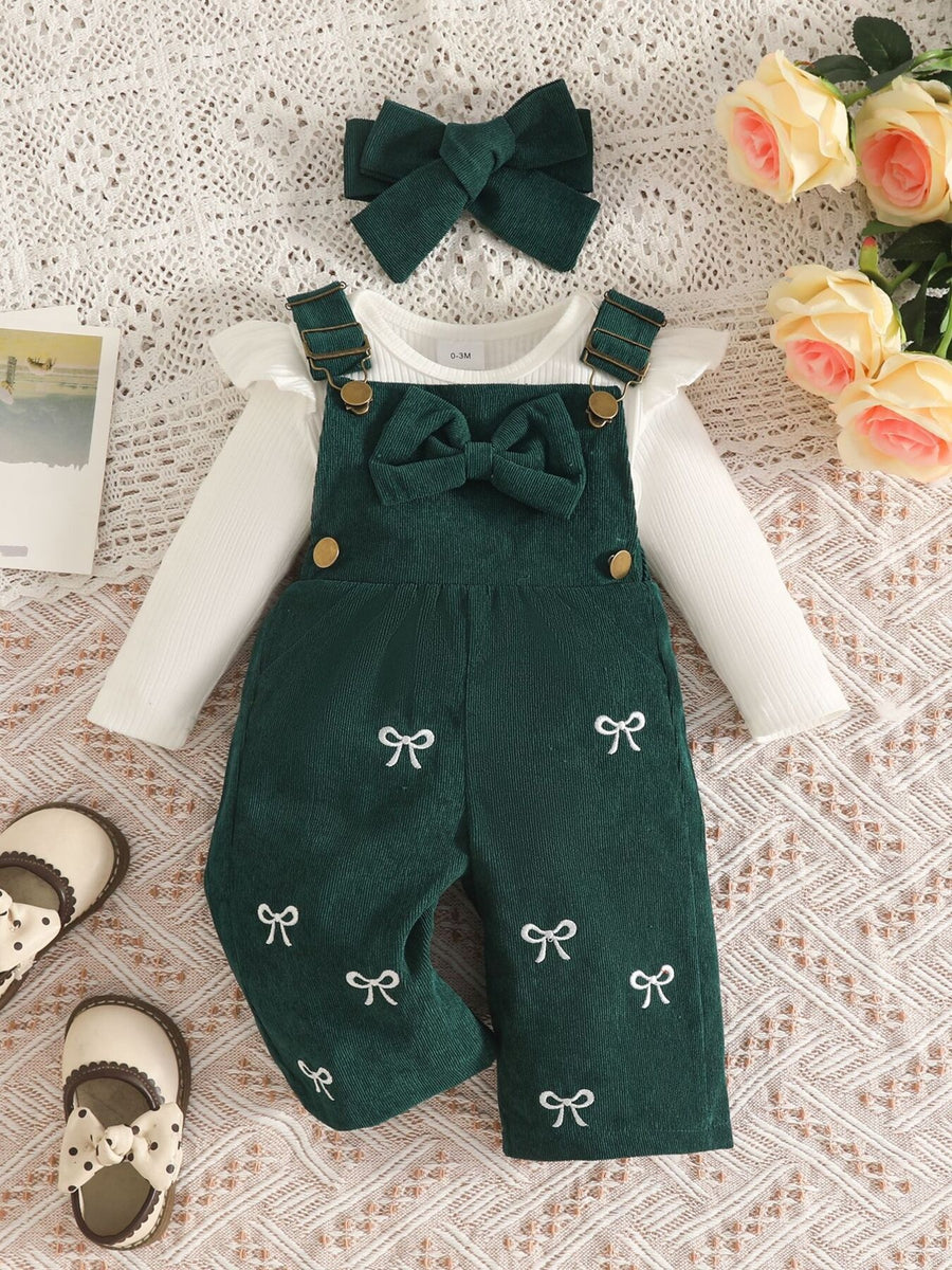 Children's Ribbed Bodysuit And Bow-Embroidered Overall Set in Pink