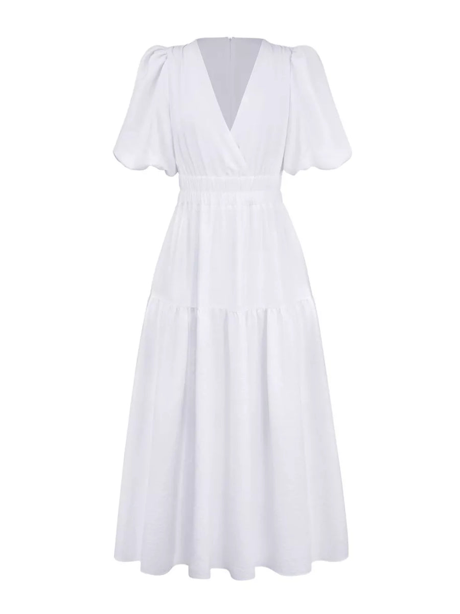 Elegant Puff Sleeve V-neck Midi Dress in Black, view 21