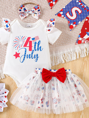 White cotton baby outfit with 4th of July graphic, ruffled sleeves, and matching tulle skirt with red bow.