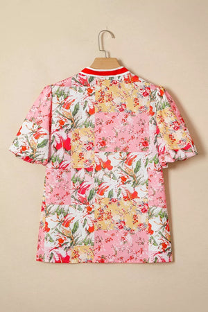 Contrast Collared V Neck Short Sleeve Floral Blouse option 6