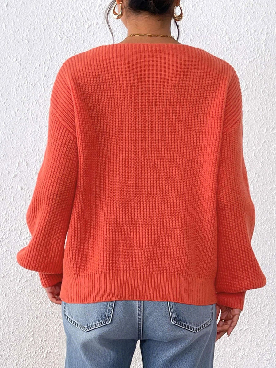 romantic pullover sweater in bright orange with v-neck