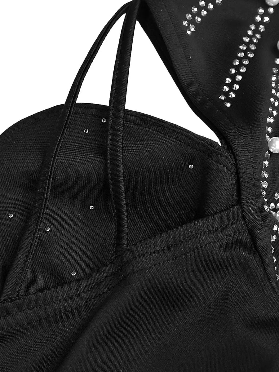 black with formal gown with rhinestone embellishment