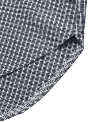 button-up shirt in navy blue with tied sleeves and hip-length