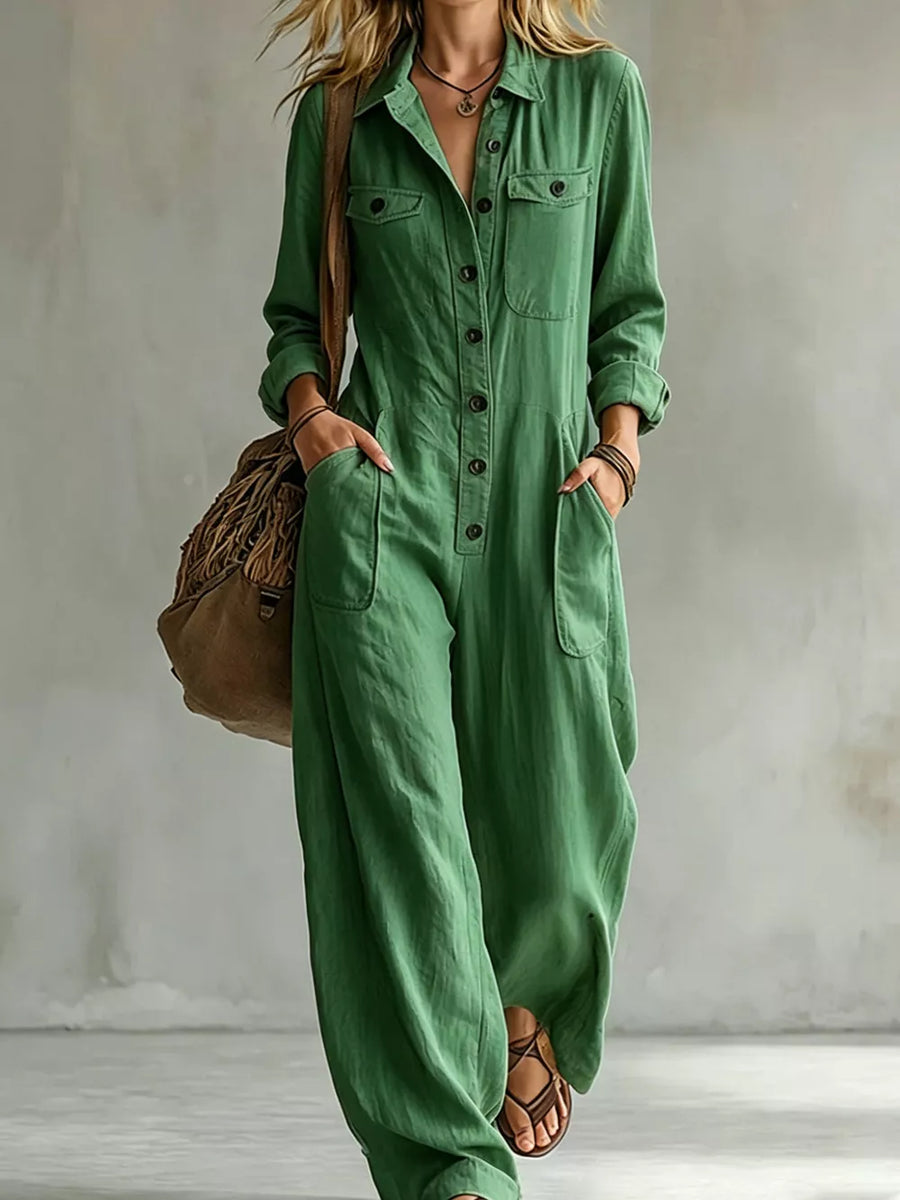 jumpsuit in kelly green featuring buttoned and relaxed fit