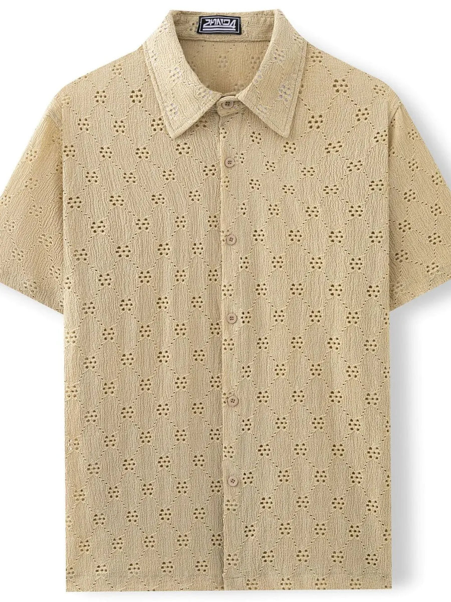 Khaki geometric eyelet short sleeve resort shirt with button front and collar.