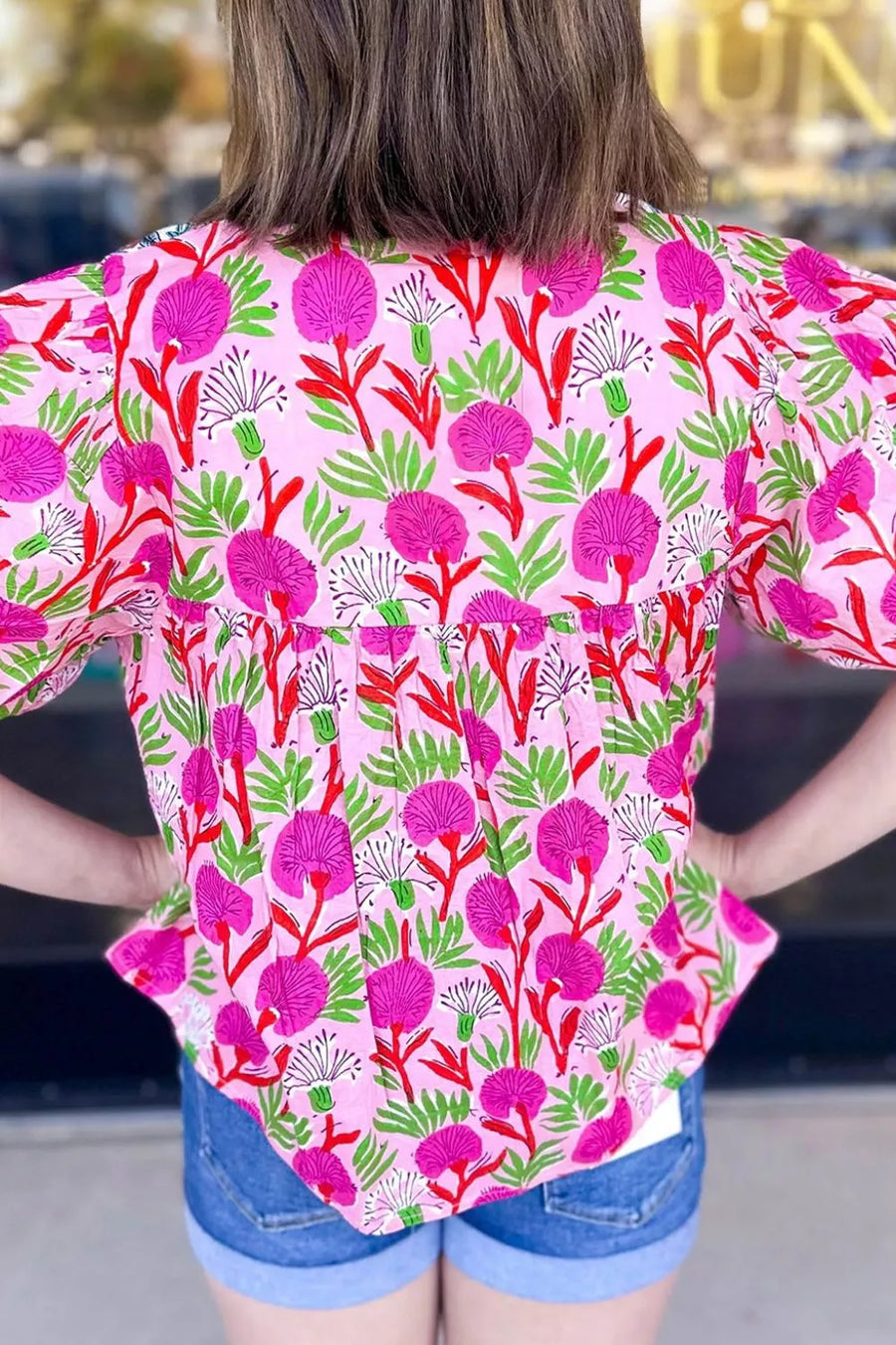 Floral Print Short Sleeve Tassel Tie Blouse option 7