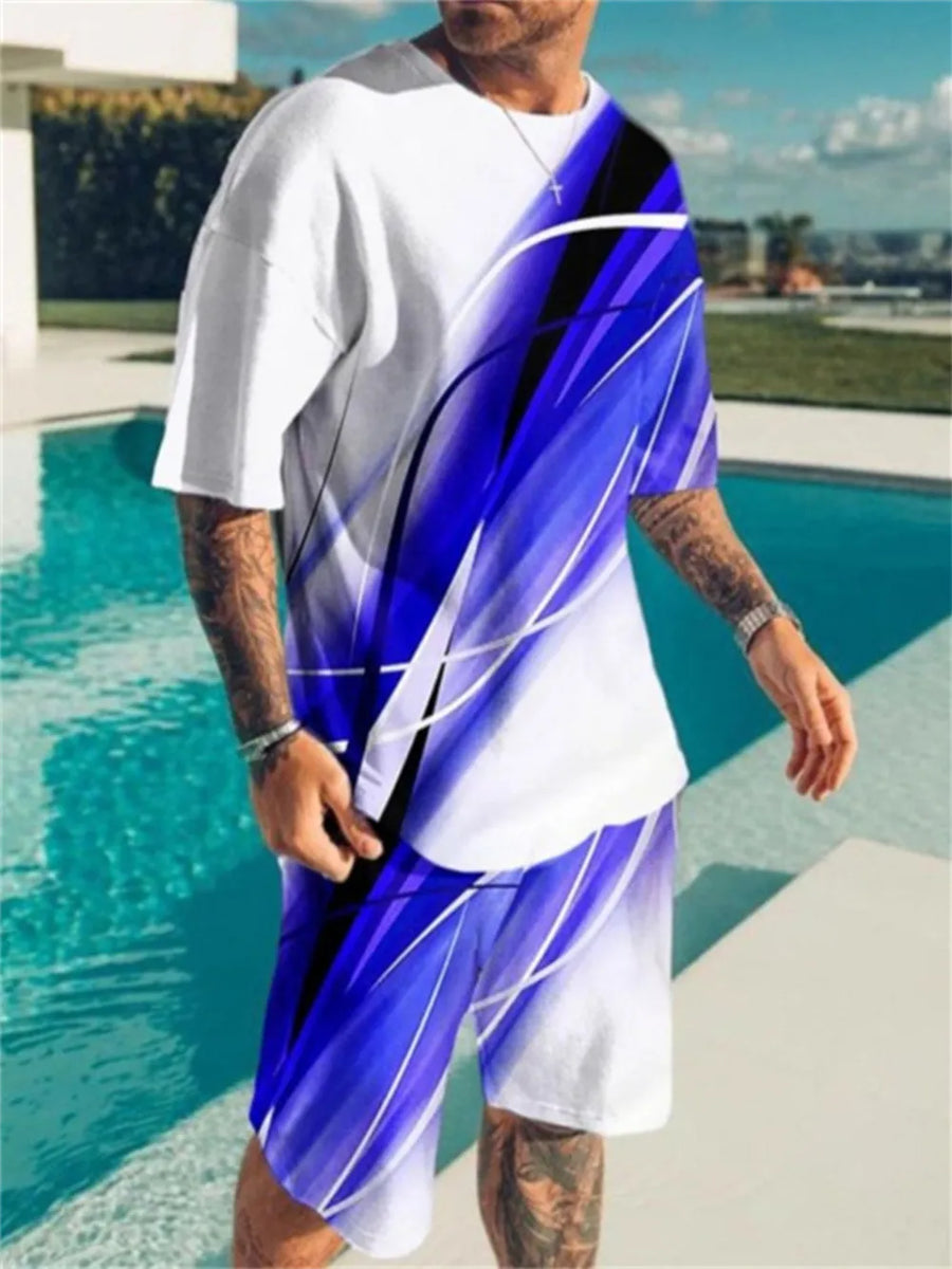 Men's graphic print t-shirt and shorts set, white with blue abstract lines, crew neck, short sleeves, elastic waist shorts.