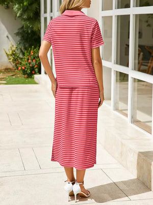 White two-piece set with hip-length top, midi skirt and pullover
