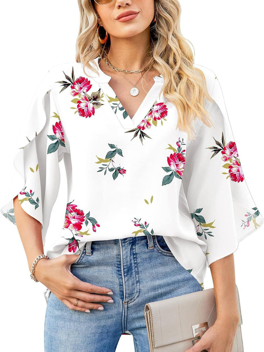 White floral print blouse with flutter sleeves and V-neck