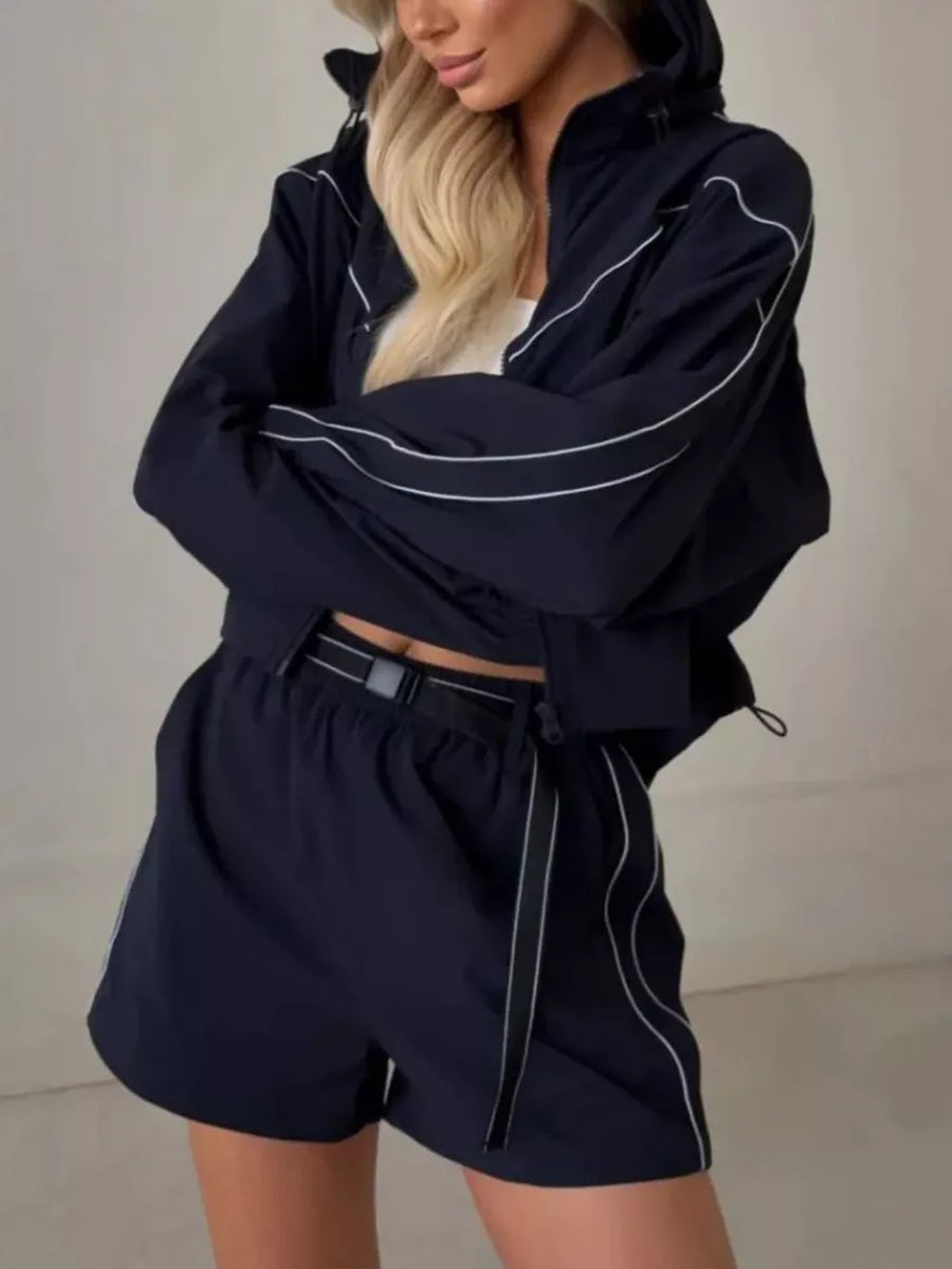 Drawstring Zip-up Jacket And Shorts Set in Dark Blue