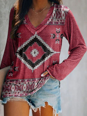 Red geometric v-neck long sleeve t-shirt with tribal print