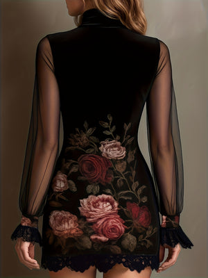 Floral Velvet Mini Dress With Sheer Sleeves in Blush Pink with mesh