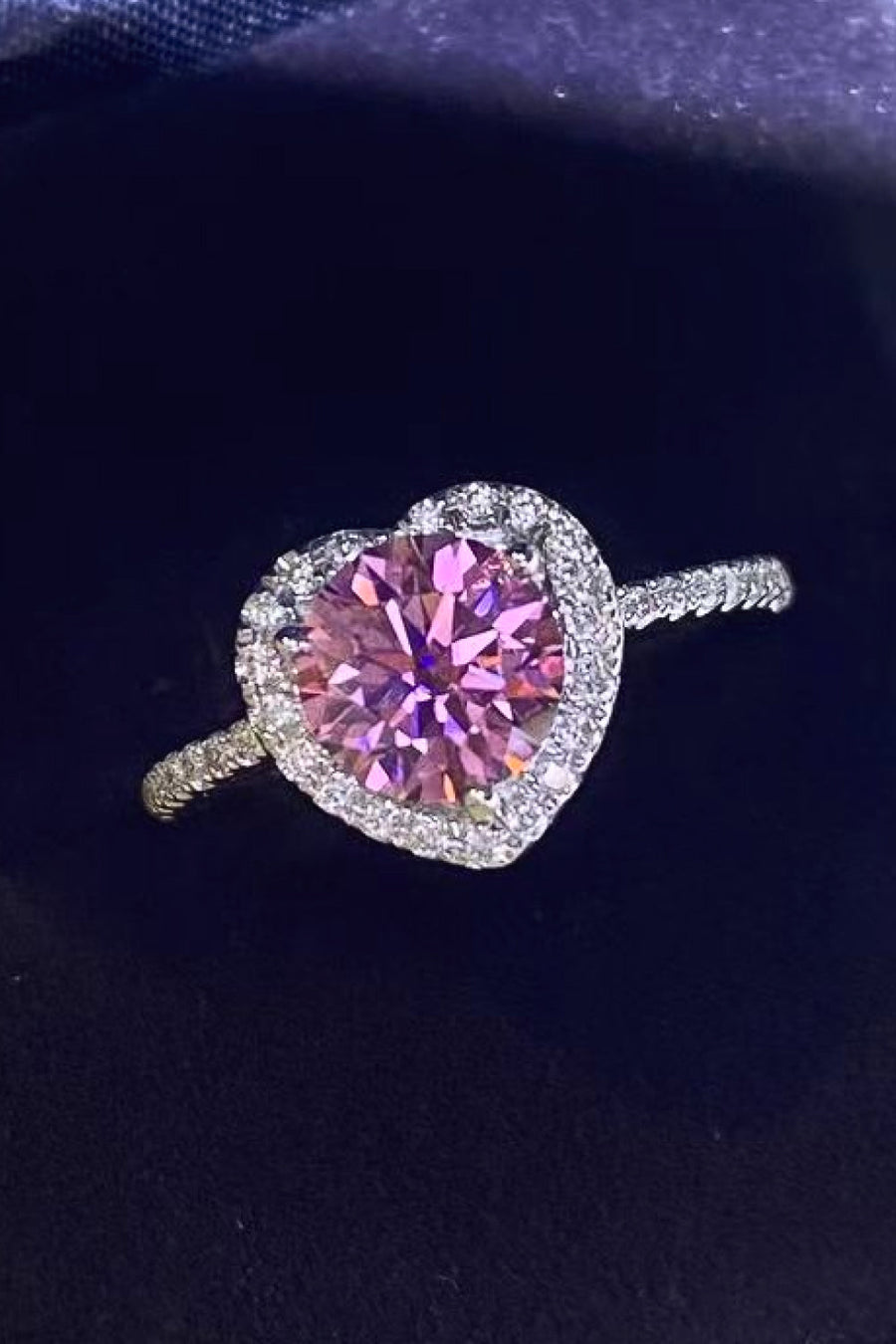 Pink moissanite heart halo ring with diamond band