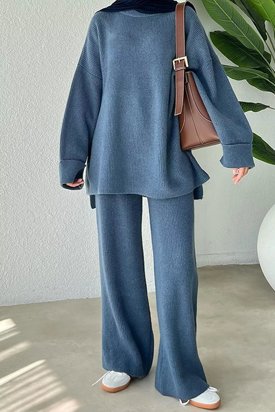 matching set in dusty blue featuring oversized and oversized fit