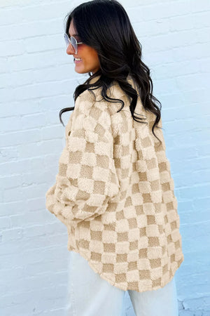 tan shacket featuring buttoned and checked