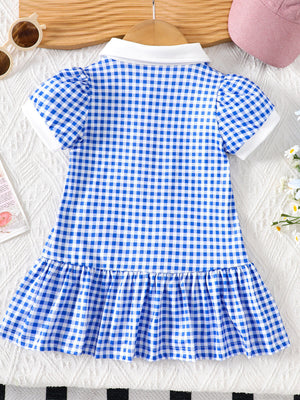 Blue gingham baby dress with polo collar, puff sleeves, and ruffled hem