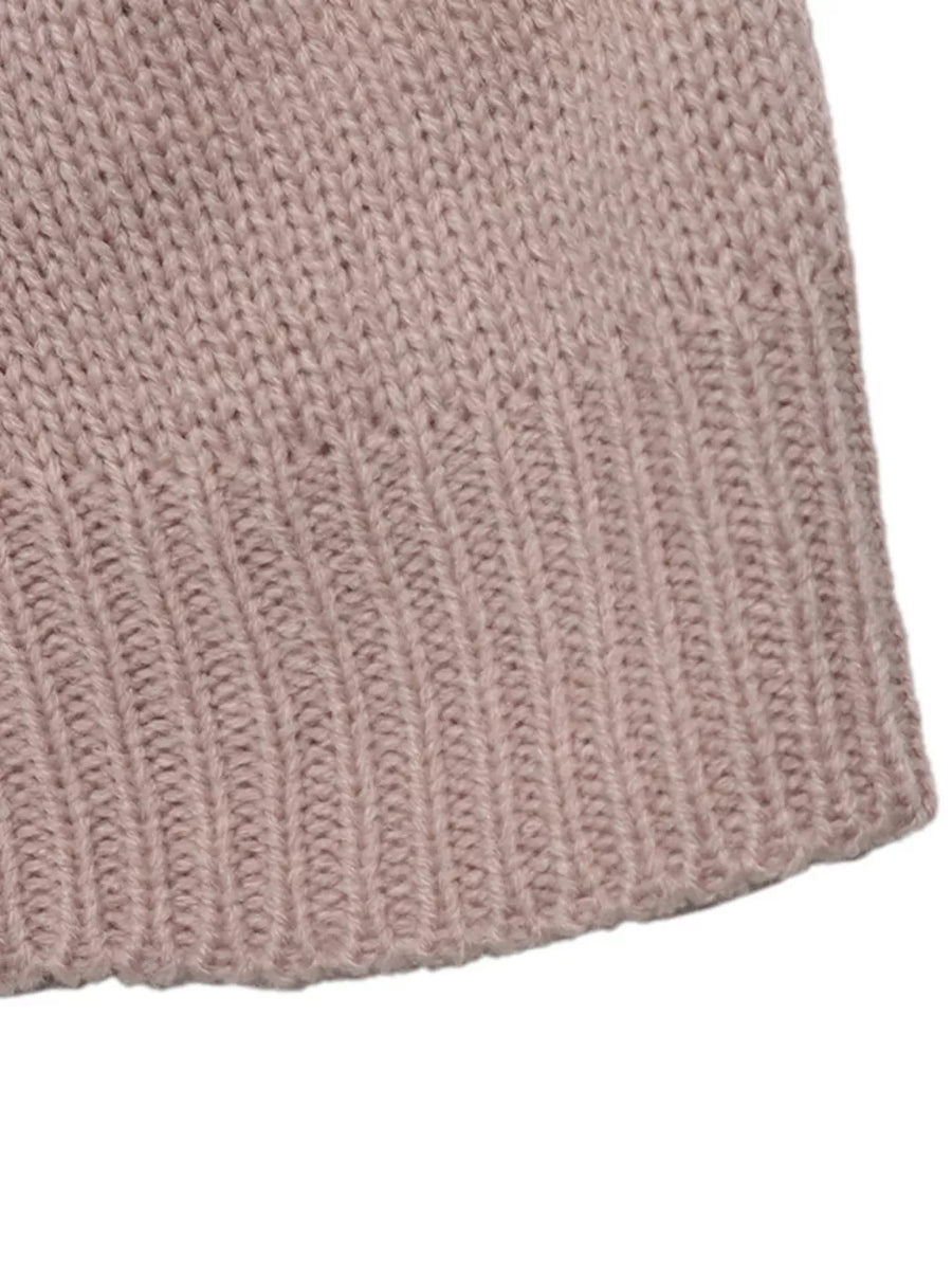 blush pink mock neck sweater with decorative button and long sleeve