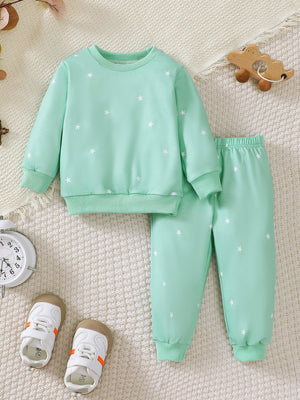 mint green lounge set with star-print and crew neck