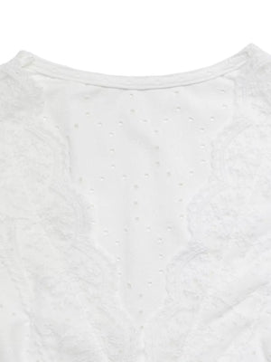 White eyelet lace detail maternity shirt with dot pattern