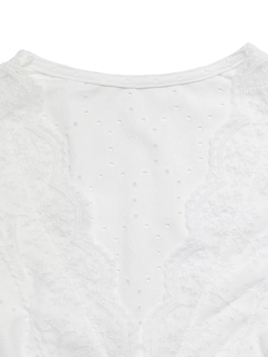 White eyelet lace detail maternity shirt with dot pattern