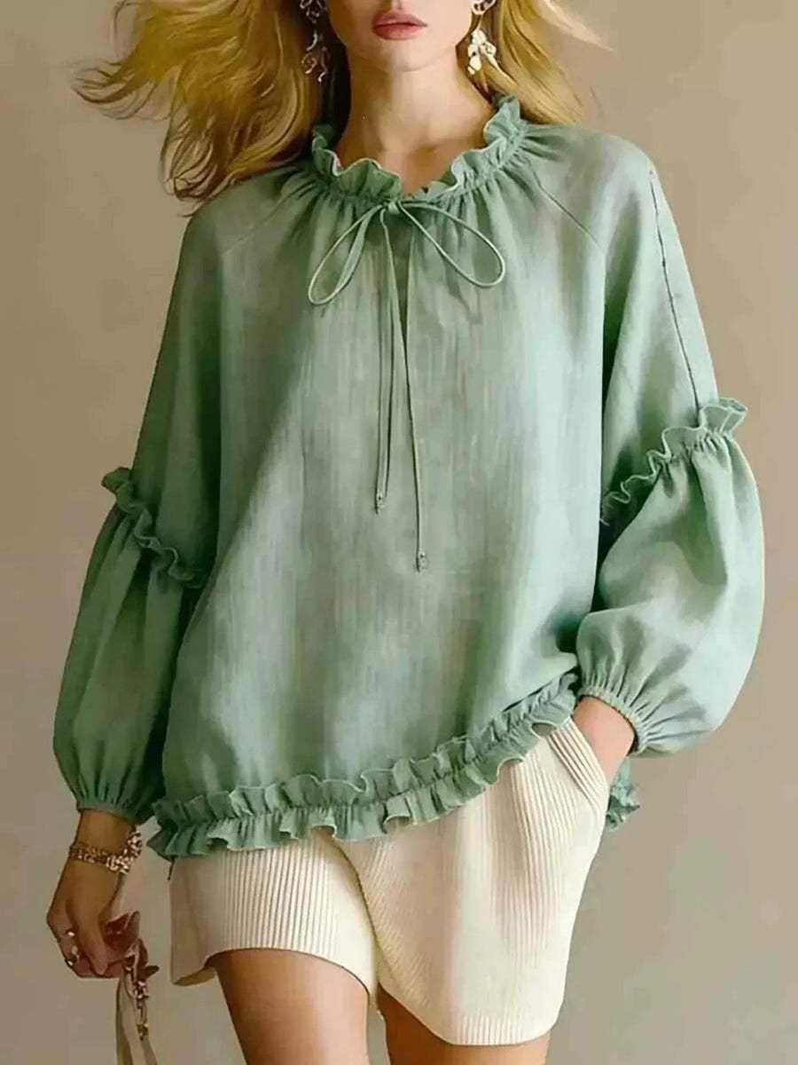Mocha blouse with ruffled and balloon sleeve