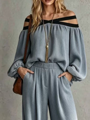 two-piece set in light beige with ribbed and pocketed
