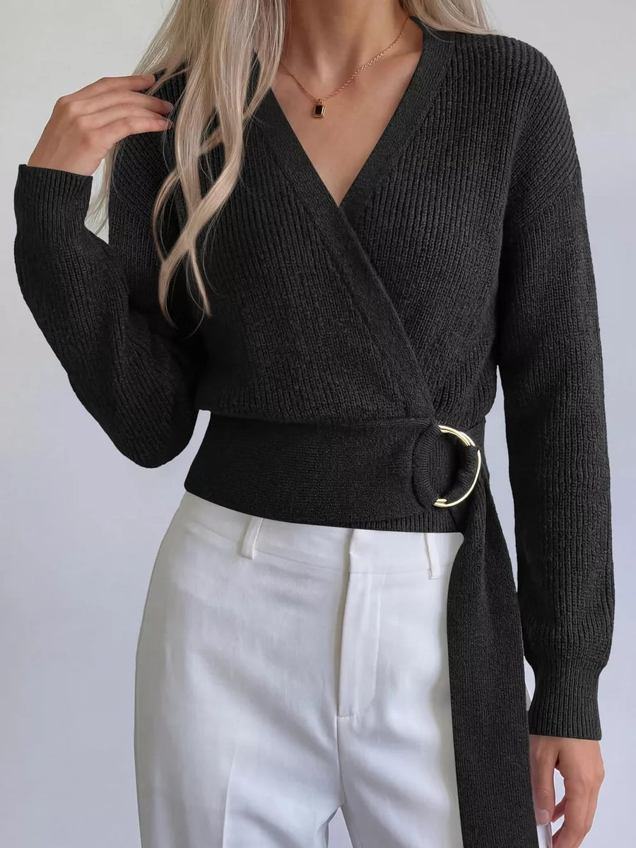 Black regular wrap sweater with v-neck