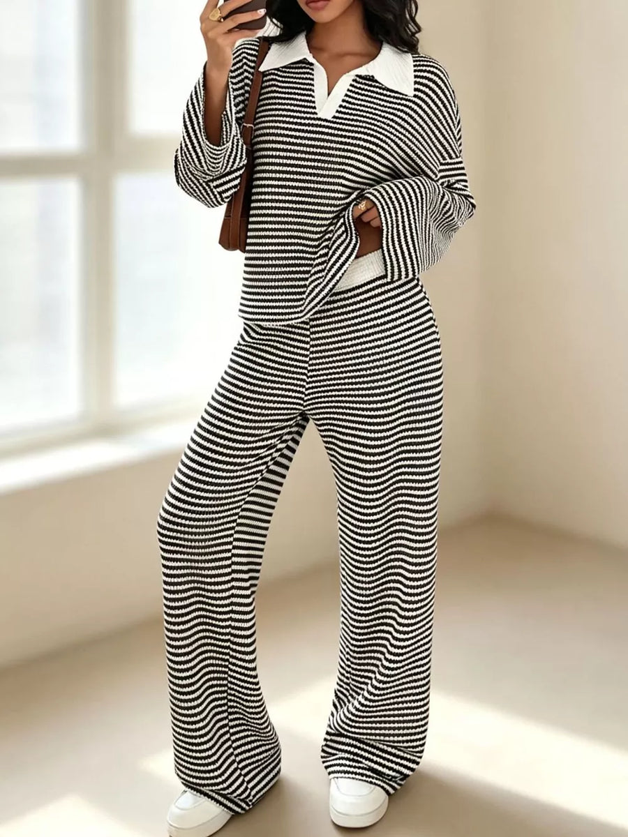 Striped Long Sleeve Polo And Wide-leg Pants Set in Khaki