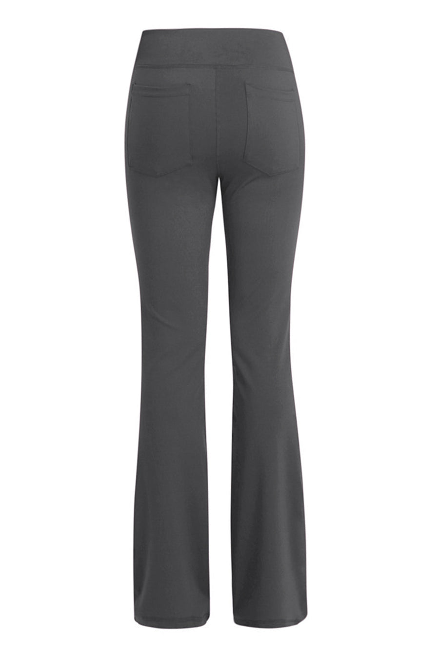 Gray flare-leg performance trousers with two back pockets.