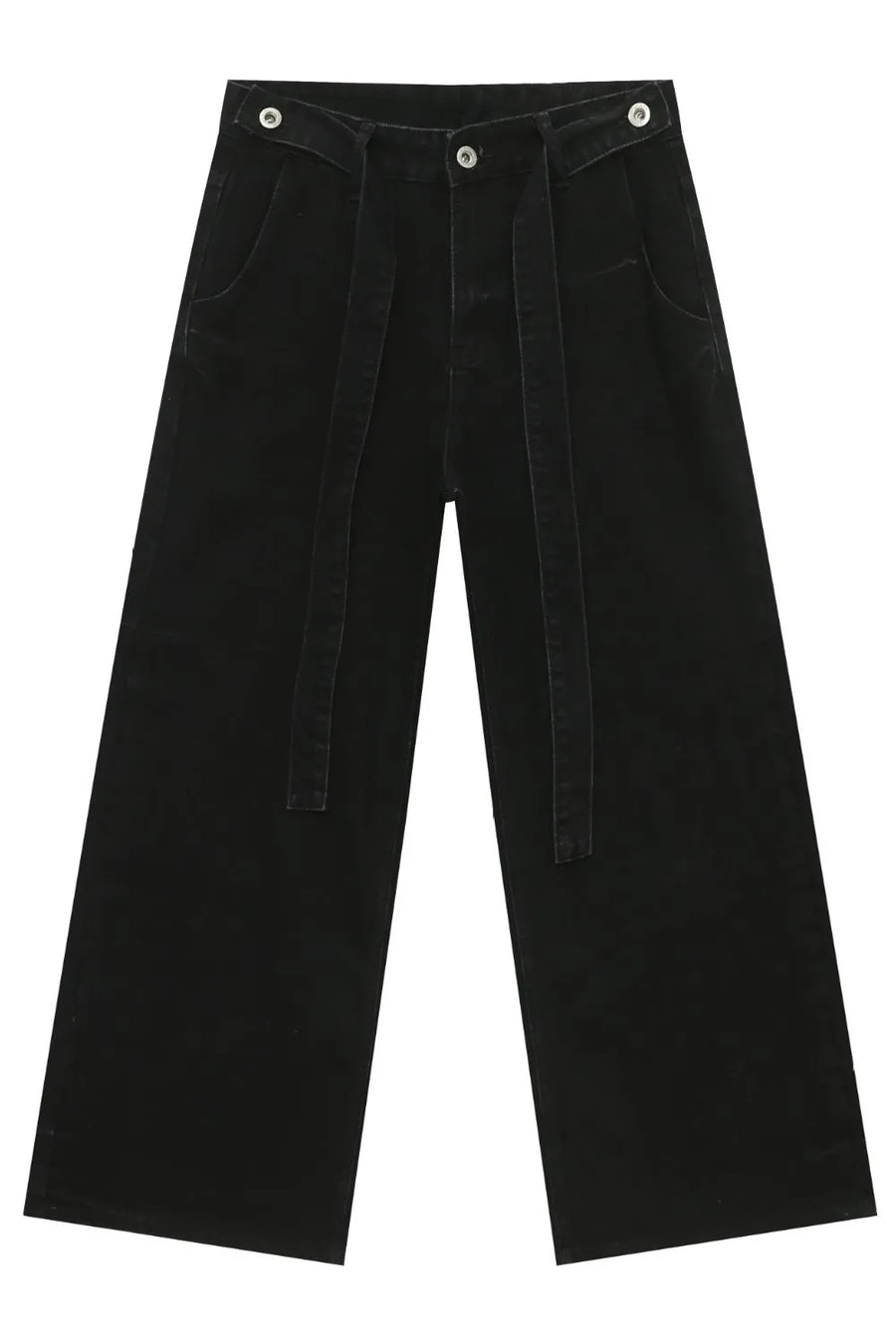 Black denim wide leg pants with tie waist and exaggerated flare.